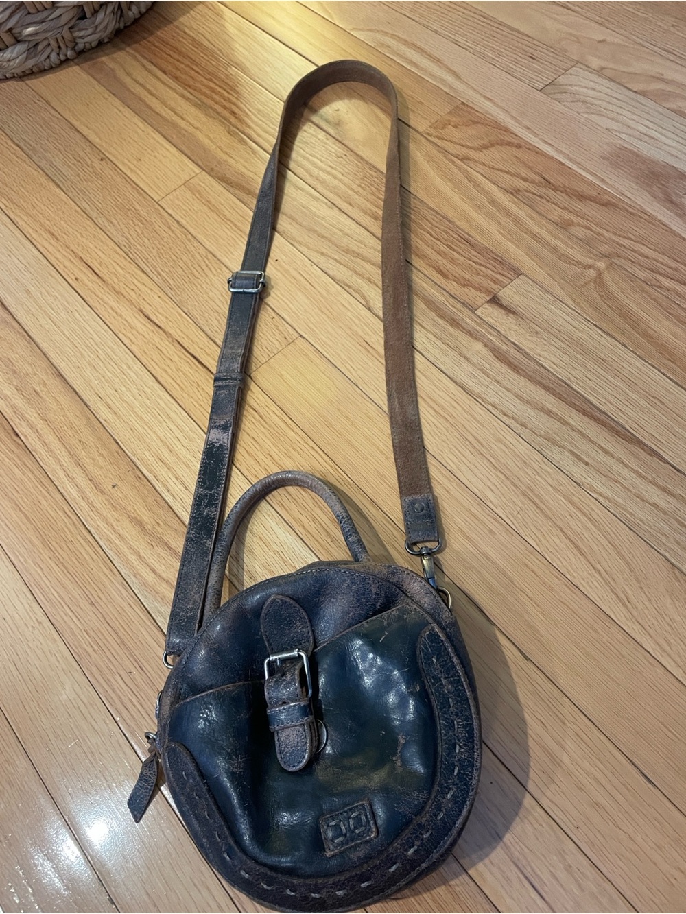 Round Leather Crossbody Bag in Distressed Black- Women